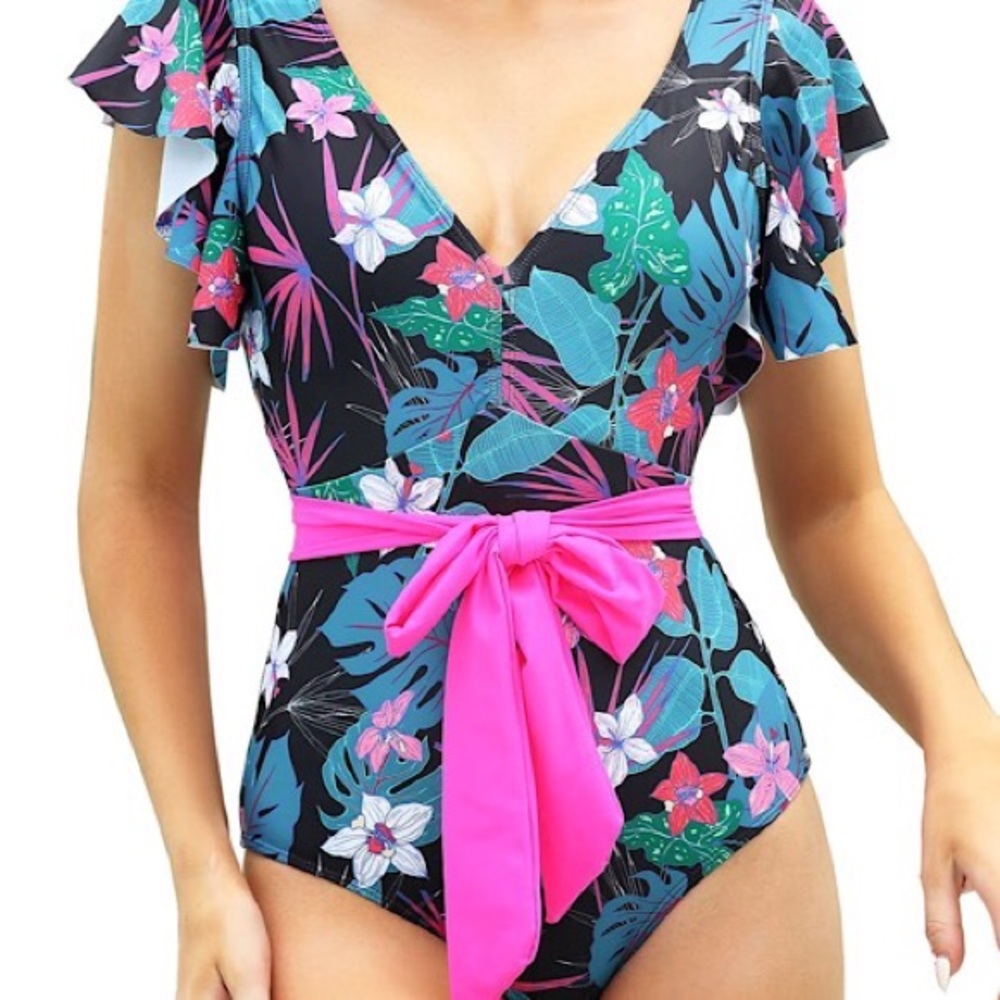 Binlowis One Piece Swimsuit Women’s Size Various Floral Ruffle Plunging Neckline